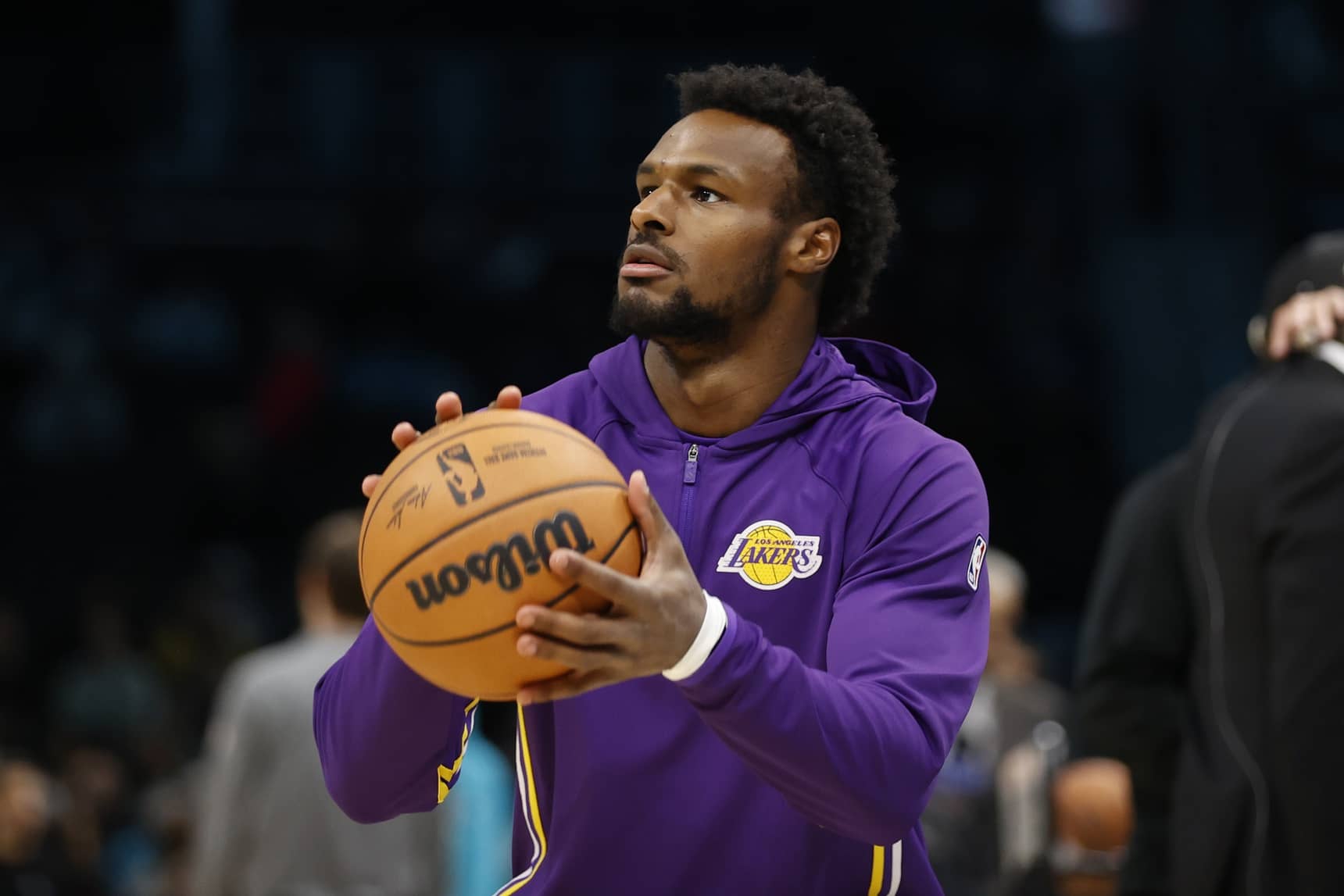 Los Angeles Lakers guard Bronny James (9) warms up prior to the game against the Charlotte Hornets at Spectrum Center.