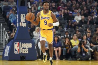 Oct 5, 2025; San Francisco, California, USA; Los Angeles Lakers guard Bronny James (9) dribbles upcourt against the Golden State Warriors in the first quarter at Chase Center. Mandatory Credit: David Gonzales-Imagn Images