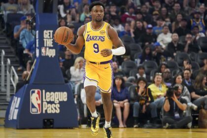 Oct 5, 2025; San Francisco, California, USA; Los Angeles Lakers guard Bronny James (9) dribbles upcourt against the Golden State Warriors in the first quarter at Chase Center. Mandatory Credit: David Gonzales-Imagn Images