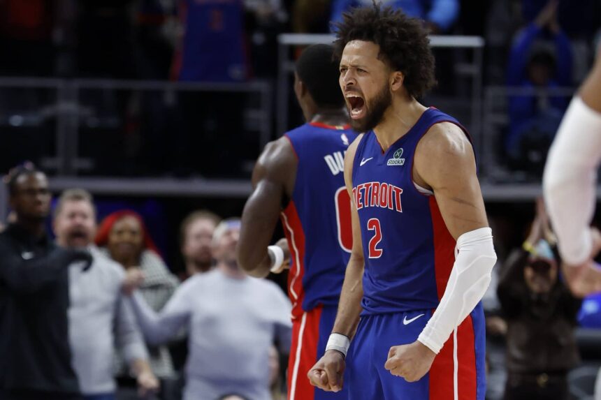 Detroit Pistons guard Cade Cunningham (2) celebrates in overtime against the Washington Wizards at Little Caesars Arena.
