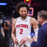 Nov 18, 2025; Atlanta, Georgia, USA; Detroit Pistons guard Cade Cunningham (2) does an interview after a victory over the Atlanta Hawks at State Farm Arena. Mandatory Credit: Brett Davis-Imagn Images