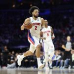 Nov 9, 2025; Philadelphia, Pennsylvania, USA; Detroit Pistons guard Cade Cunningham (2) dribbles up court against the Philadelphia 76ers during the second quarter at Xfinity Mobile Arena. Mandatory Credit: Bill Streicher-Imagn Images