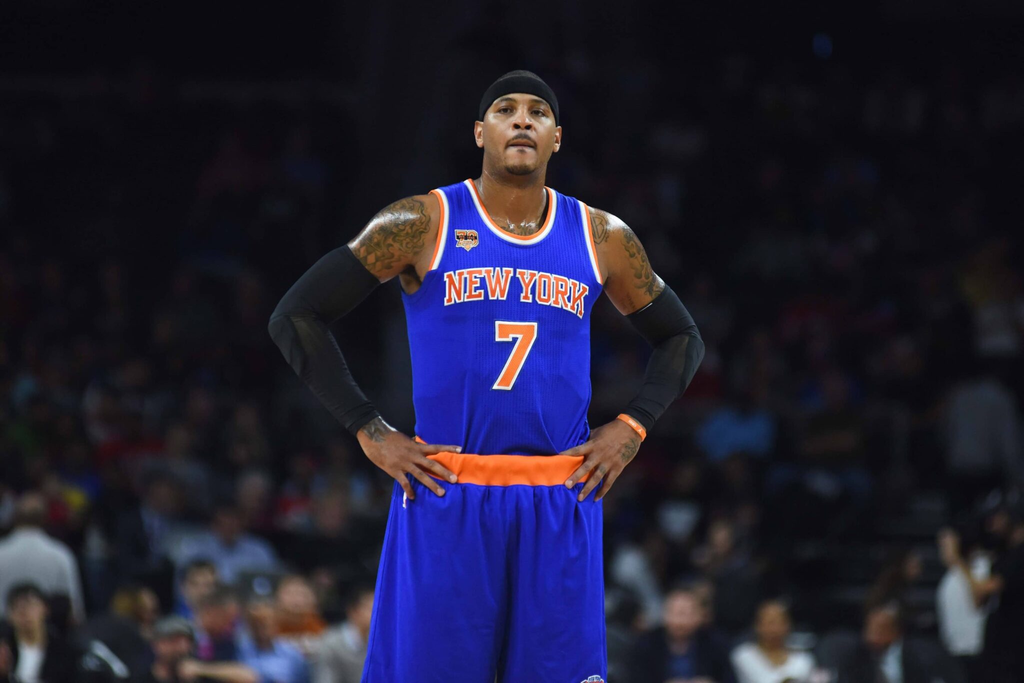 New York Knicks forward Carmelo Anthony (7) during the first quarter against the Detroit Pistons at The Palace of Auburn Hills.