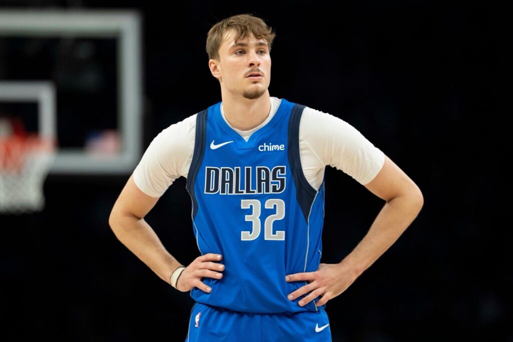 Nov 17, 2025; Minneapolis, Minnesota, USA; Dallas Mavericks forward Cooper Flagg (32) looks on against the Minnesota Timberwolves in the first half at Target Center. Mandatory Credit: Jesse Johnson-Imagn Images