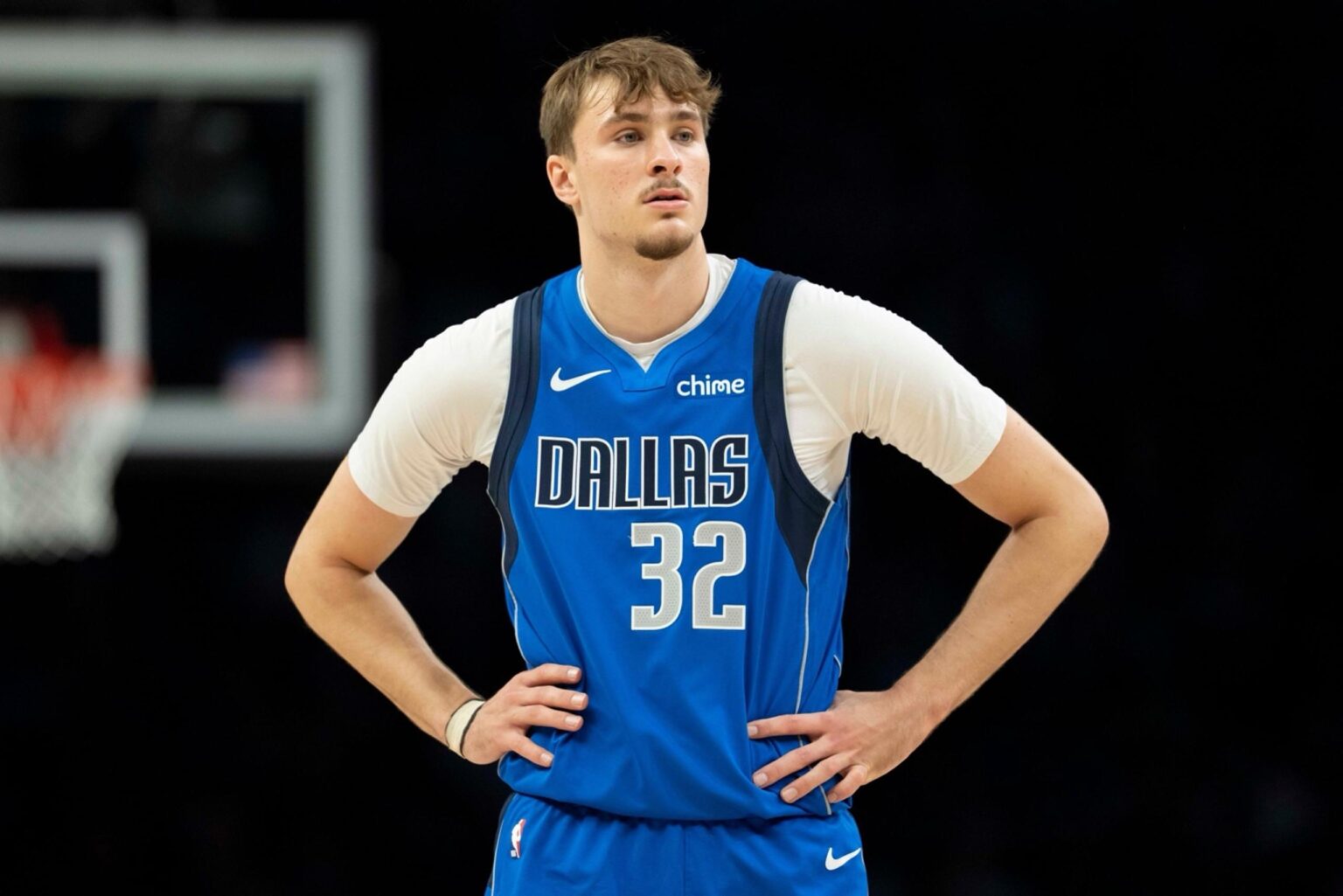 Nov 17, 2025; Minneapolis, Minnesota, USA; Dallas Mavericks forward Cooper Flagg (32) looks on against the Minnesota Timberwolves in the first half at Target Center. Mandatory Credit: Jesse Johnson-Imagn Images