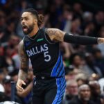 Dallas Mavericks guard D'Angelo Russell (5) reacts after scoring during the second half against the Portland Trail Blazers at American Airlines Center.