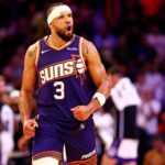 Oct 22, 2025; Phoenix, Arizona, USA; Phoenix Suns forward Dillon Brooks (3) reacts to a play during the second half against the Sacramento Kings at the Mortgage Matchup Center. Mandatory Credit: Mark J. Rebilas-Imagn Images