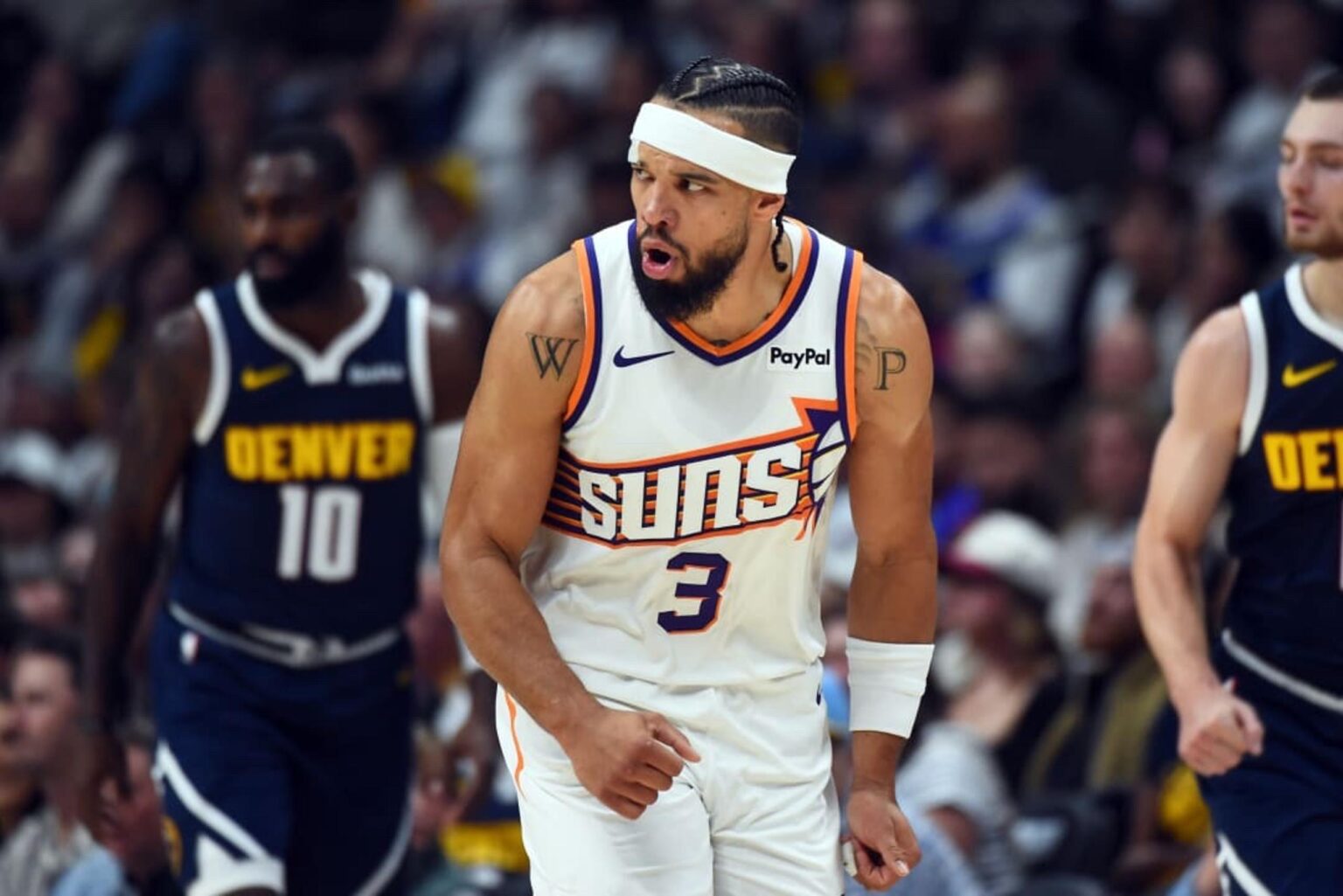 Oct 25, 2025; Denver, Colorado, USA; Phoenix Suns forward Dillon Brooks (3) reacts after making a shot during the first half against the Denver Nuggets at Ball Arena. Mandatory Credit: Christopher Hanewinckel-Imagn Images