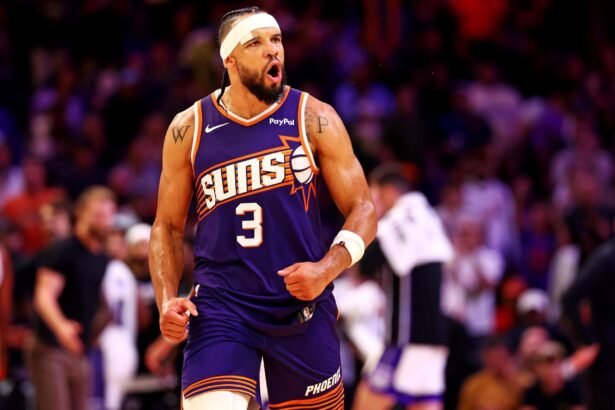 Oct 22, 2025; Phoenix, Arizona, USA; Phoenix Suns forward Dillon Brooks (3) reacts to a play during the second half against the Sacramento Kings at the Mortgage Matchup Center. Mandatory Credit: Mark J. Rebilas-Imagn Images
