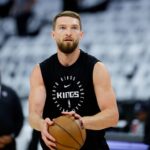 Apr 16, 2025; Sacramento, California, USA; Sacramento Kings forward Domantas Sabonis (11) warms up before the game against the Dallas Mavericks at Golden 1 Center. Mandatory Credit: Sergio Estrada-Imagn Images