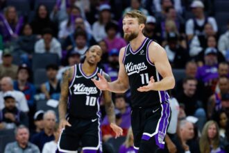 Sacramento Kings center Domantas Sabonis (11) reacts after a call during the fourth quarter against the Denver Nuggets at Golden 1 Center.