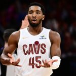 Cleveland Cavaliers guard Donovan Mitchell (45) celebrates after hitting a three point basket against the Los Angeles Clippers during the second half at Rocket Arena.