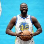 Golden State Warriors forward Draymond Green (23) holds onto the ball during Media Day at the Chase Center.