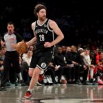Apr 10, 2025; Brooklyn, New York, USA; Brooklyn Nets forward Drew Timme (26) brings the ball up court against the Atlanta Hawks during the second quarter at Barclays Center. Mandatory Credit: Brad Penner-Imagn Images