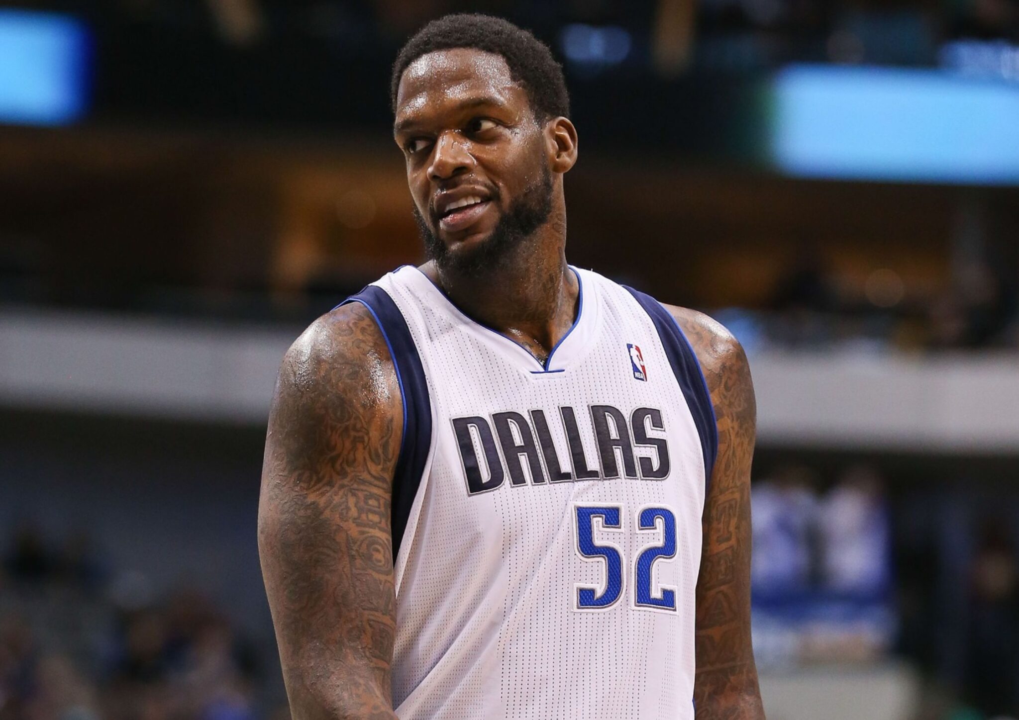 Oct 26, 2012; Dallas, Tx, USA; Dallas Mavericks center Eddy Curry (52) reacts to a foul call during the second half against the Charlotte Bobcats at the American Airlines Center. Dallas won 99-82. Mandatory Credit: Kevin Jairaj-Imagn Images