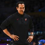 Miami Heat Head Coach Erik Spoelstra reacts during the game against the Los Angeles Lakers during the first half at Crypto.com Arena.