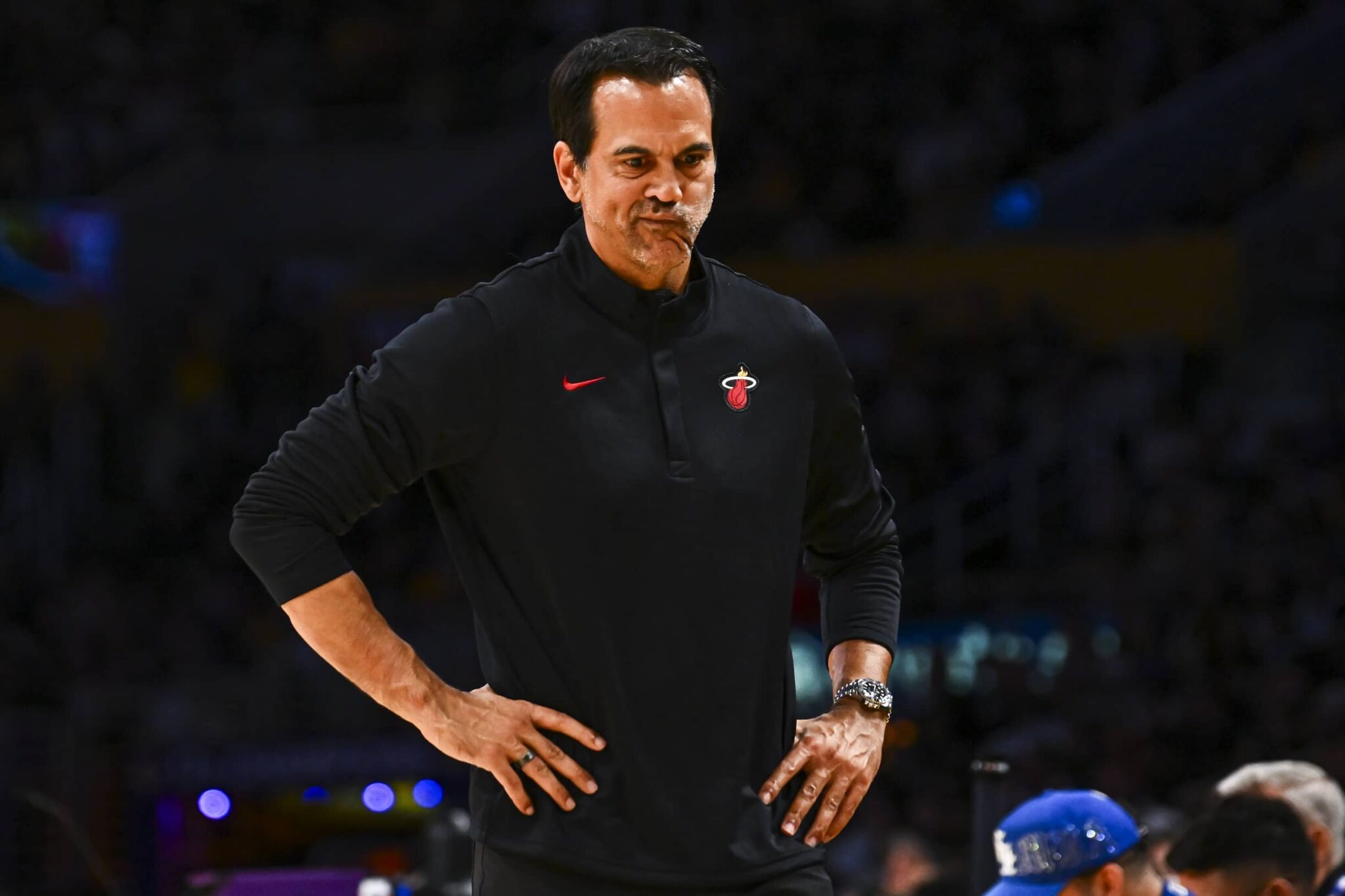 Miami Heat Head Coach Erik Spoelstra reacts during the game against the Los Angeles Lakers during the first half at Crypto.com Arena.
