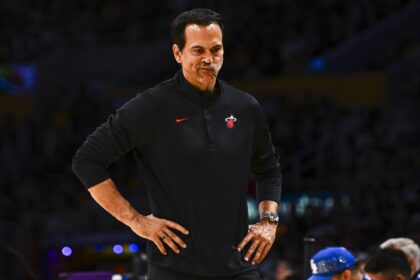 Miami Heat Head Coach Erik Spoelstra reacts during the game against the Los Angeles Lakers during the first half at Crypto.com Arena.