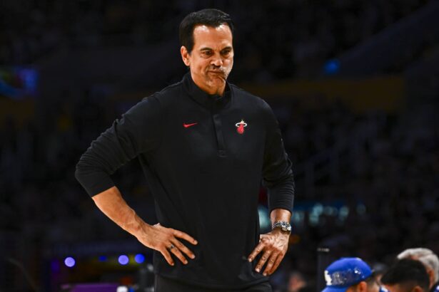 Miami Heat Head Coach Erik Spoelstra reacts during the game against the Los Angeles Lakers during the first half at Crypto.com Arena.