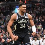 Milwaukee Bucks forward Giannis Antetokounmpo (34) reacts after scoring a basket in the 3rd quarter against the Chicago Bulls at Fiserv Forum.