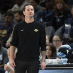 Los Angeles Lakers head coach JJ Redick looks on against the Minnesota Timberwolves in the second half at Target Center.