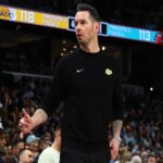 Mar 29, 2025; Memphis, Tennessee, USA; Los Angeles Lakers head coach JJ Redick reacts during the fourth quarter against the Memphis Grizzlies at FedExForum. Mandatory Credit: Petre Thomas-Imagn Images