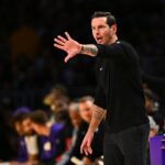 Nov 2, 2025; Los Angeles, California, USA; Los Angeles Lakers Head Coach JJ Redick reacts during the game against the Miami Heat during the first half at Crypto.com Arena. Mandatory Credit: Jonathan Hui-Imagn Images