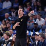 Nov 12, 2025; Oklahoma City, Oklahoma, USA; Los Angeles Lakers head coach JJ Redick gestures to his team during a play against the Oklahoma City Thunder during the fourth quarter at Paycom Center. Mandatory Credit: Alonzo Adams-Imagn Images