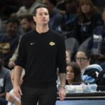 Oct 29, 2025; Minneapolis, Minnesota, USA; Los Angeles Lakers head coach JJ Redick looks on against the Minnesota Timberwolves in the second half at Target Center. Mandatory Credit: Jesse Johnson-Imagn Images