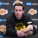 Los Angeles Lakers head coach JJ Redick at press conference at Crypto.com Arena.