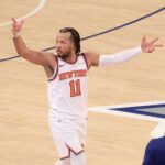May 29, 2025; New York, New York, USA; New York Knicks guard Jalen Brunson (11) reacts after a three point shot against the Indiana Pacers in the first quarter during game five of the eastern conference finals for the 2025 NBA Playoffs at Madison Square Garden. Mandatory Credit: Vincent Carchietta-Imagn Images