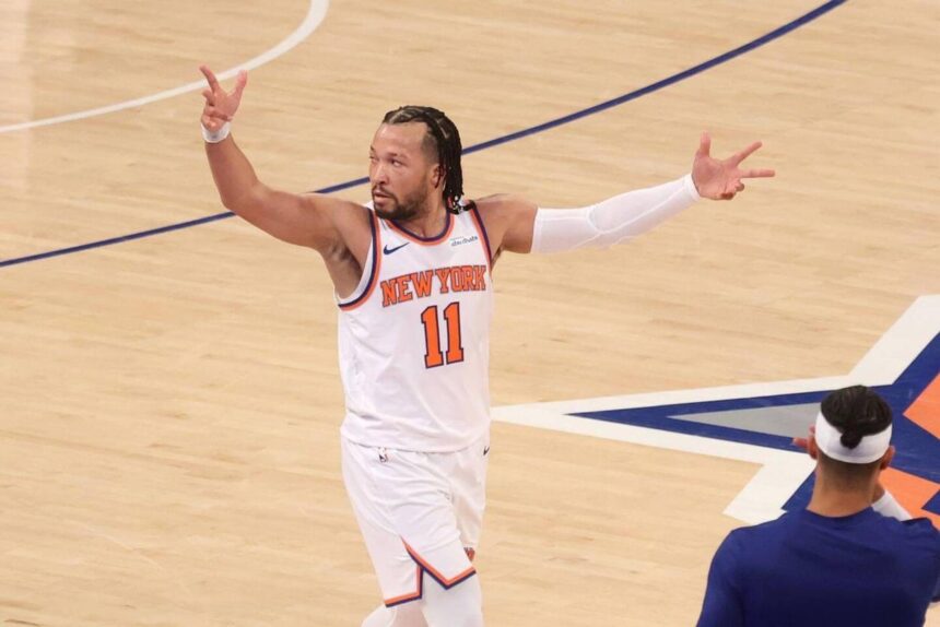 May 29, 2025; New York, New York, USA; New York Knicks guard Jalen Brunson (11) reacts after a three point shot against the Indiana Pacers in the first quarter during game five of the eastern conference finals for the 2025 NBA Playoffs at Madison Square Garden. Mandatory Credit: Vincent Carchietta-Imagn Images