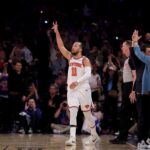 May 16, 2025; New York, New York, USA; New York Knicks guard Jalen Brunson (11) celebrates his three point shot against the Boston Celtics during the fourth quarter of game six in the second round of the 2025 NBA Playoffs at Madison Square Garden. Mandatory Credit: Brad Penner-Imagn Images