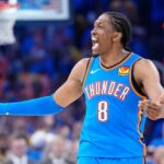 Jun 22, 2025; Oklahoma City, Oklahoma, USA; Oklahoma City Thunder forward Jalen Williams (8) reacts after a play against the Indiana Pacers during the second half of game seven of the 2025 NBA Finals at Paycom Center. Mandatory Credit: Kyle Terada-Imagn Images