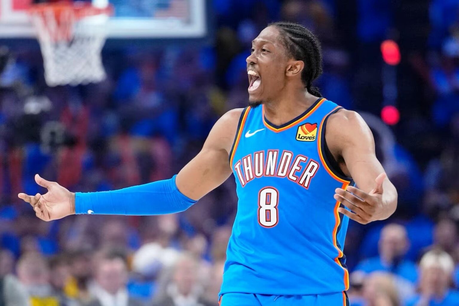 Jun 22, 2025; Oklahoma City, Oklahoma, USA; Oklahoma City Thunder forward Jalen Williams (8) reacts after a play against the Indiana Pacers during the second half of game seven of the 2025 NBA Finals at Paycom Center. Mandatory Credit: Kyle Terada-Imagn Images