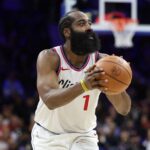 Nov 17, 2025; Philadelphia, Pennsylvania, USA; LA Clippers guard James Harden (1) shoots the ball against the Philadelphia 76ers during the fourth quarter at Xfinity Mobile Arena. Mandatory Credit: Bill Streicher-Imagn Images