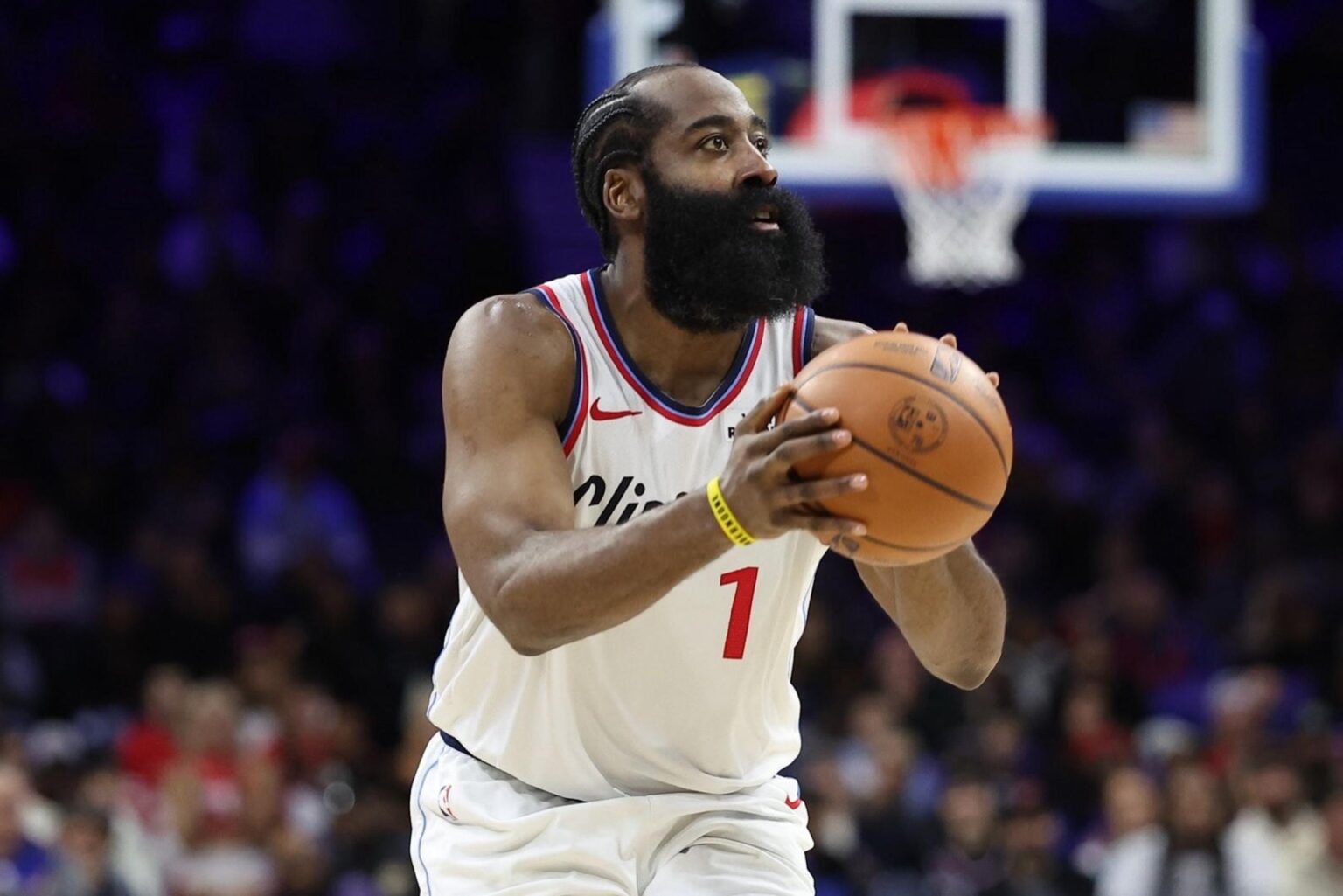 Nov 17, 2025; Philadelphia, Pennsylvania, USA; LA Clippers guard James Harden (1) shoots the ball against the Philadelphia 76ers during the fourth quarter at Xfinity Mobile Arena. Mandatory Credit: Bill Streicher-Imagn Images