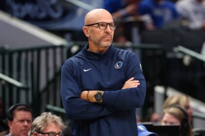 Dallas Mavericks head coach Jason Kidd reacts against the Milwaukee Bucks during the second half at American Airlines Center.