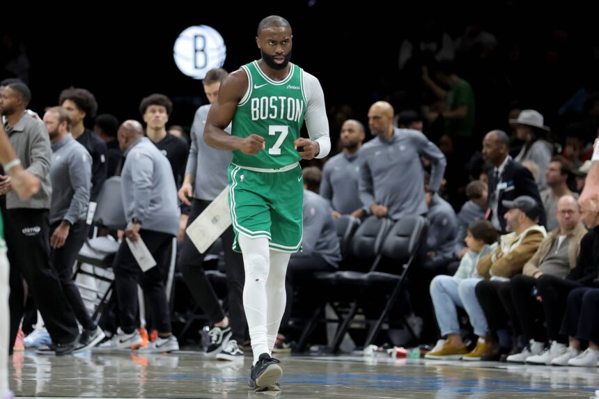 Boston Celtics guard Jaylen Brown (7) reacts during the fourth quarter against the Brooklyn Nets at Barclays Center.
