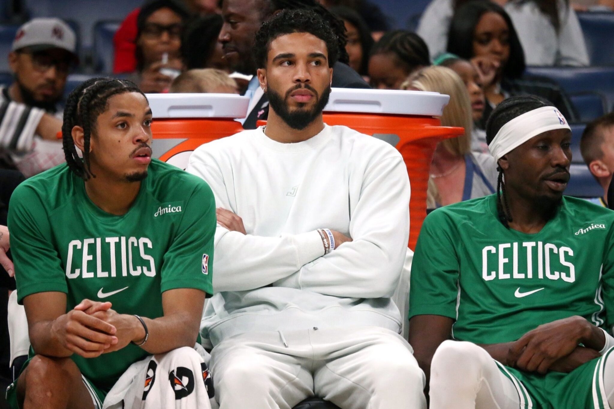 Oct 8, 2025; Memphis, Tennessee, USA; Boston Celtics forward Jayson Tatum (0) looks on from the bench during the second quarter against the Memphis Grizzlies at FedExForum. Mandatory Credit: Petre Thomas-Imagn Images