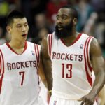 Houston Rockets point guard Jeremy Lin (7) talks to shooting guard James Harden (13) against the Memphis Grizzlies in the fourth quarter at the Toyota Center. The Grizzlies defeated the Rockets 82-78.