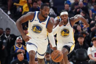 Oct 5, 2025; San Francisco, California, USA; Golden State Warriors forward Jonathan Kuminga (1) dribbles upcourt, as guard Buddy Hield (7) trails, against the Los Angeles Lakers in the third quarter at Chase Center. Mandatory Credit: David Gonzales-Imagn Images