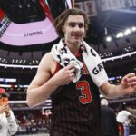Chicago Bulls guard Josh Giddey (3) celebrates after team's win against the New York Knicks at United Center.