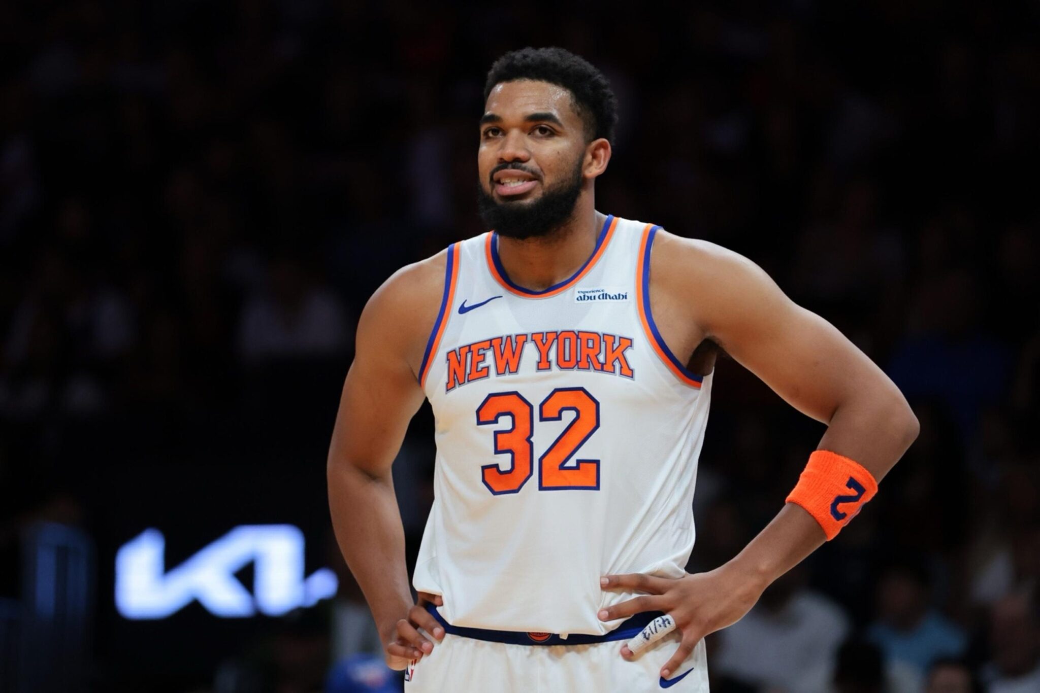 Oct 26, 2025; Miami, Florida, USA; New York Knicks center Karl-Anthony Towns (32) looks on against the Miami Heat during the first quarter at Kaseya Center. Mandatory Credit: Sam Navarro-Imagn Images