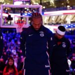 Oct 15, 2025; Sacramento, California, USA; Los Angeles Clippers forward Kawhi Leonard (2) stands during the playing of the national anthem before the game against the Sacramento Kings at Golden 1 Center. Mandatory Credit: Sergio Estrada-Imagn Images