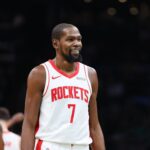Houston Rockets forward Kevin Durant (7) looks on during the second half against the Boston Celtics at TD Garden.