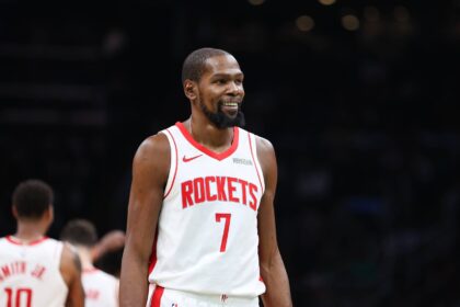 Houston Rockets forward Kevin Durant (7) looks on during the second half against the Boston Celtics at TD Garden.