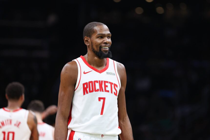 Houston Rockets forward Kevin Durant (7) looks on during the second half against the Boston Celtics at TD Garden.