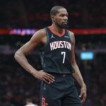 Houston Rockets forward Kevin Durant (7) reacts after a play during the fourth quarter against the Denver Nuggets at Toyota Center.