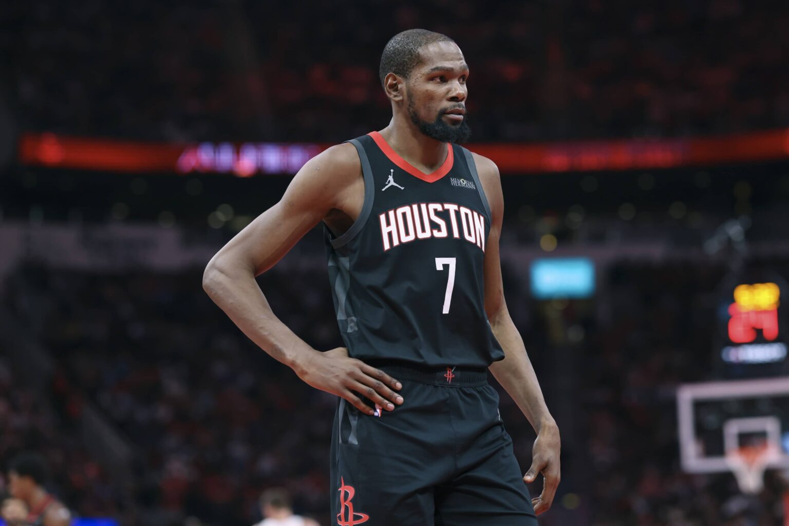 Houston Rockets forward Kevin Durant (7) reacts after a play during the fourth quarter against the Denver Nuggets at Toyota Center.